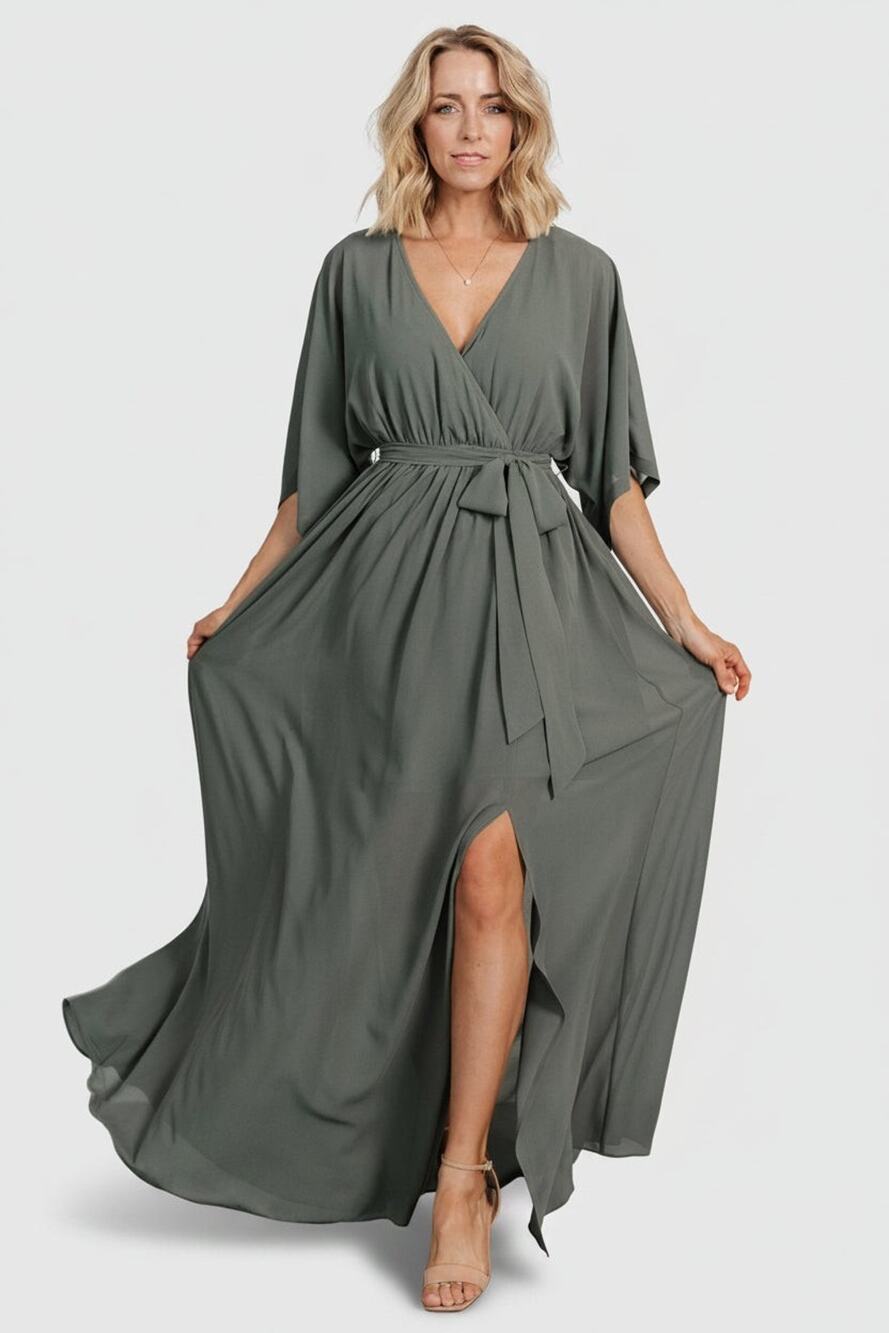 Baltic Born Deep Sage Green Chiffon Wrap Maxi Dress Size Medium